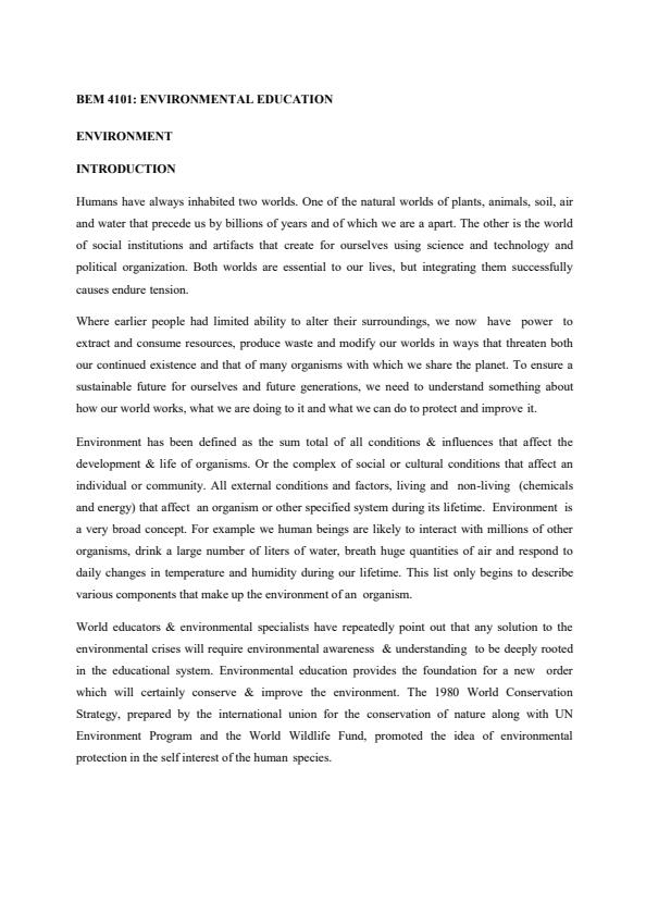 Page 1 – BEM 4101: Environmental Education Notes – Kenyaplex