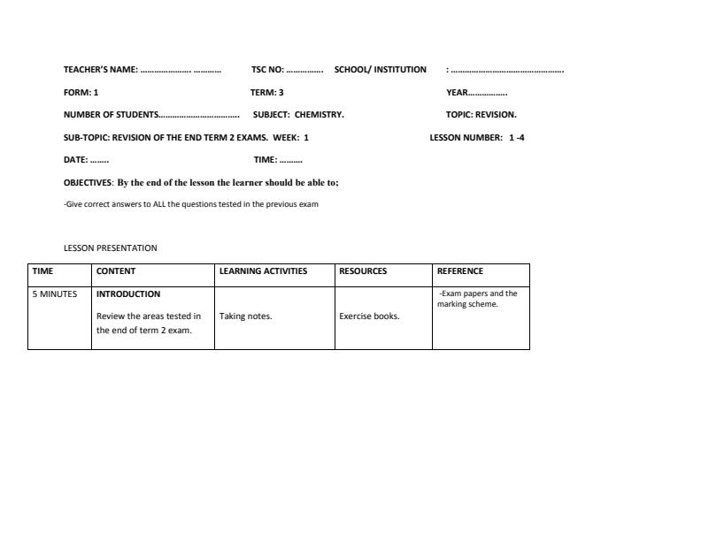 Page 1 – Chemistry Form 1 Lesson Plans Term 3 – Kenyaplex