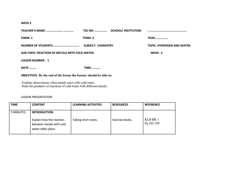 Page 3 – Chemistry Form 1 Lesson Plans Term 3 – Kenyaplex