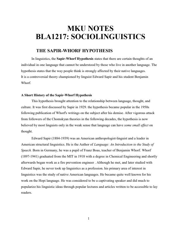Page 1 – BLA 1217: Sociolinguistics Notes – Kenyaplex