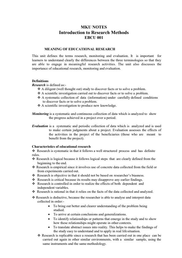 Page 1 – EBCU 001: Research Methodology Notes – Kenyaplex