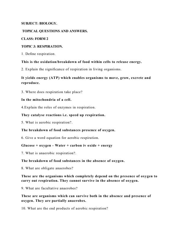 Page 1 – Form 2 Biology Respiration Questions and Answers – Kenyaplex