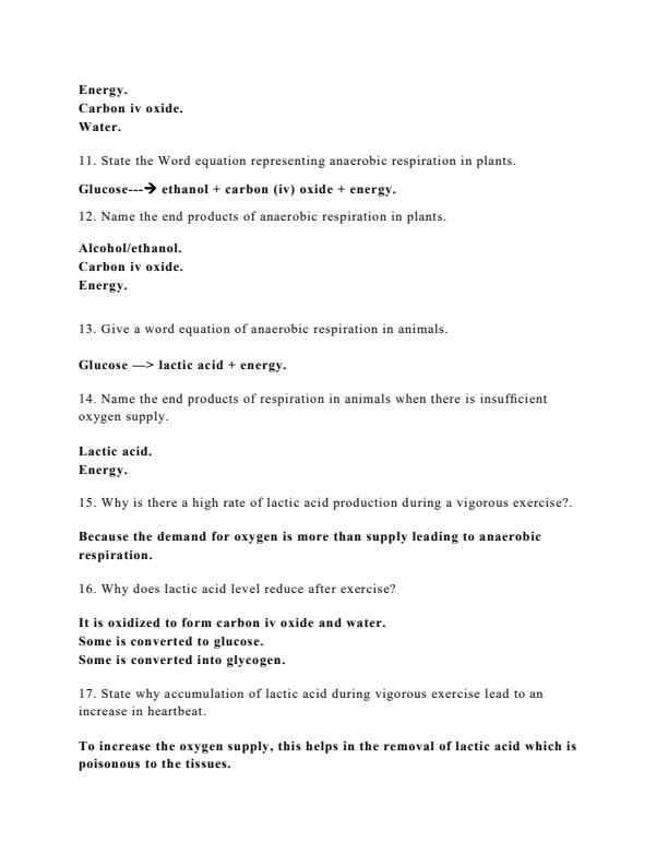 Page 2 – Form 2 Biology Respiration Questions and Answers – Kenyaplex