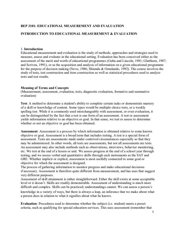 Page 1 – BEP 3101: Educational Measurement and Evaluation Notes – Kenyaplex