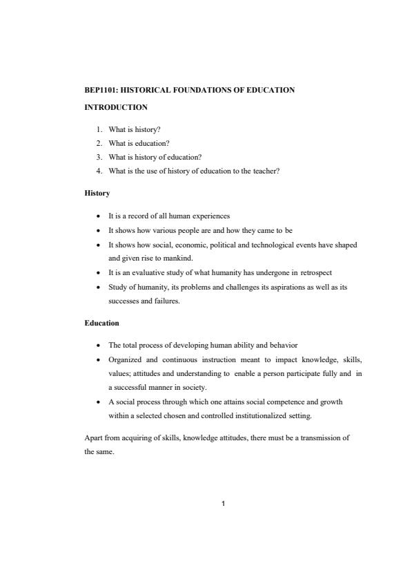 Page 1 – BEP 1101: Historical Foundations of Education Notes – Kenyaplex