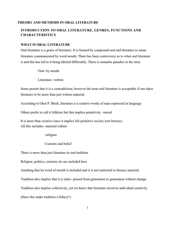 Page 1 – Theory and Methods in Oral Literature Notes – Kenyaplex