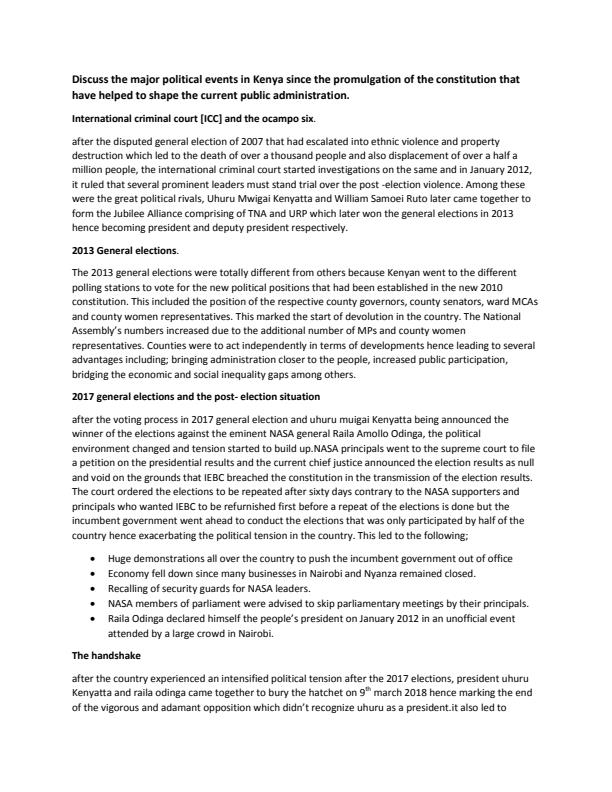 Page 1 – Discuss the major political events in Kenya since the promulgation of the constitution that have helped to shape the current public administration. – Kenyaplex