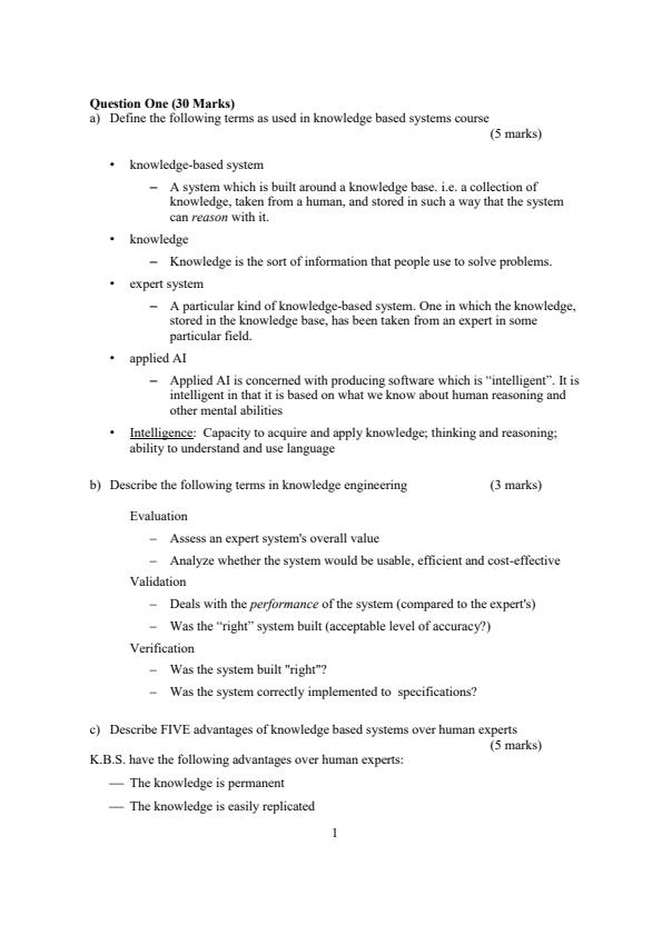Page 1 – Knowledge Based Systems Questions and answers – Kenyaplex