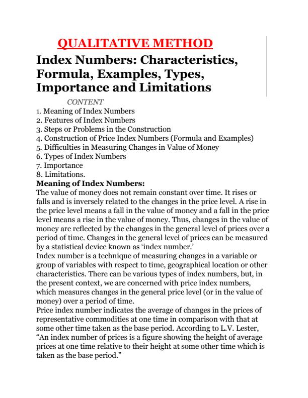 Page 1 – Qualitative methods: Index numbers notes – Kenyaplex