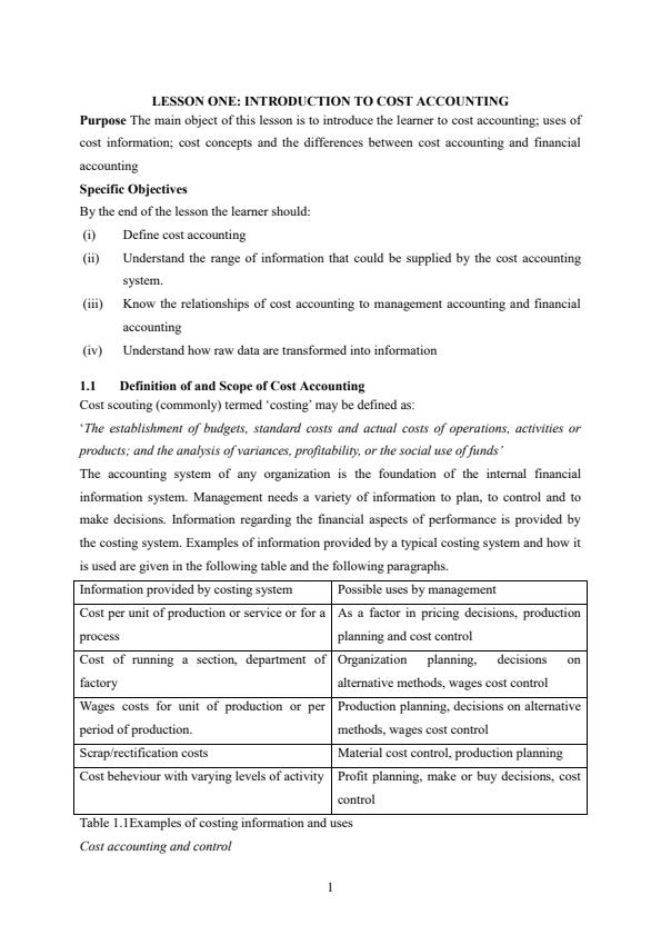 Page 1 – BBM 211: Cost Accounting Notes – Kenyaplex