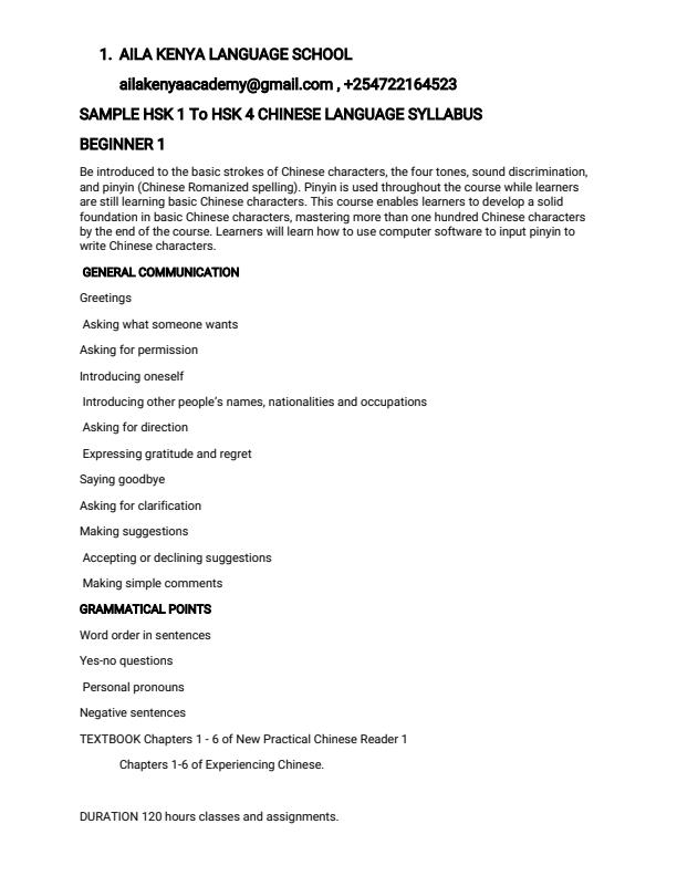 Page 1 – Hsk Chinese Language Syllabus AILA Kenya – Kenyaplex