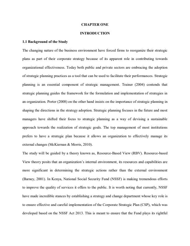 Page 1 – Research Project: Influence of Strategic Planning Practices on Organizational Performance – Kenyaplex