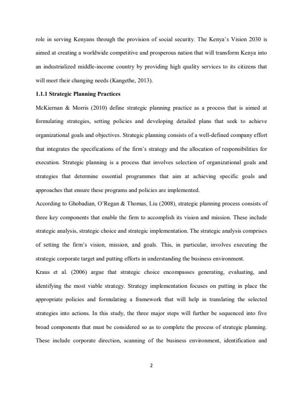 Page 2 – Research Project: Influence of Strategic Planning Practices on Organizational Performance – Kenyaplex