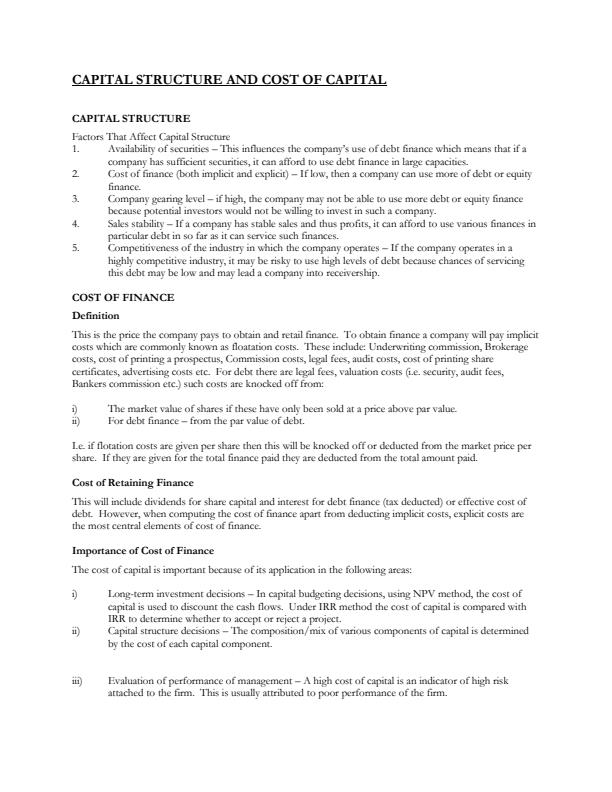 Page 1 – Capital Structure and Cost of Capital Notes – Kenyaplex
