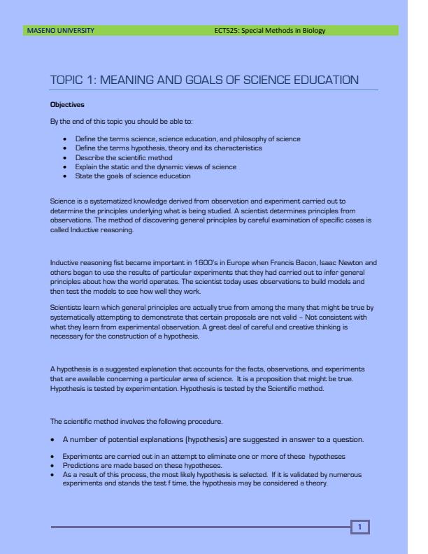 Page 1 – ECT 332: Special Methods of Teaching Biology Notes – Kenyaplex