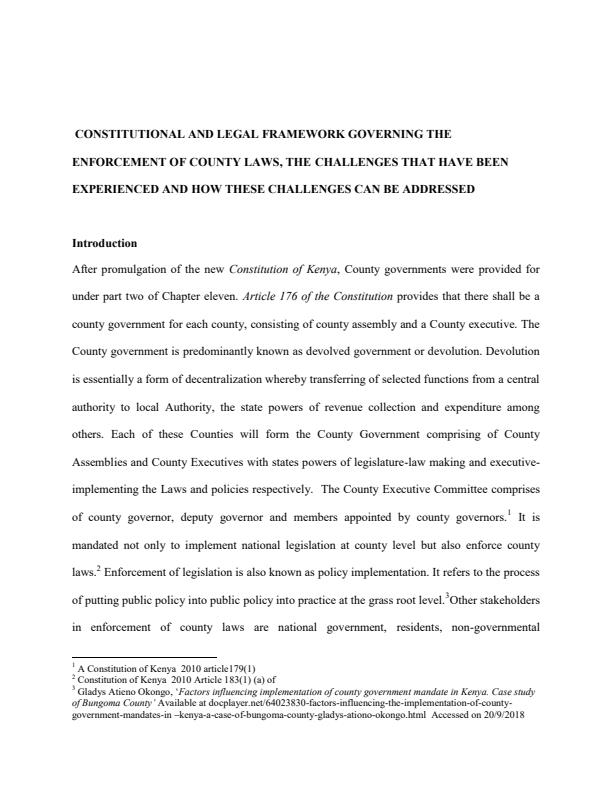 Page 1 – Constitutional and legal framework governing enforcement of county laws – Kenyaplex