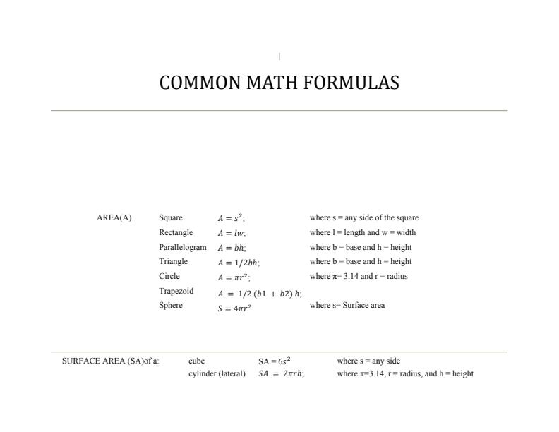 Page 1 – Common Mathematics Formulas – Kenyaplex