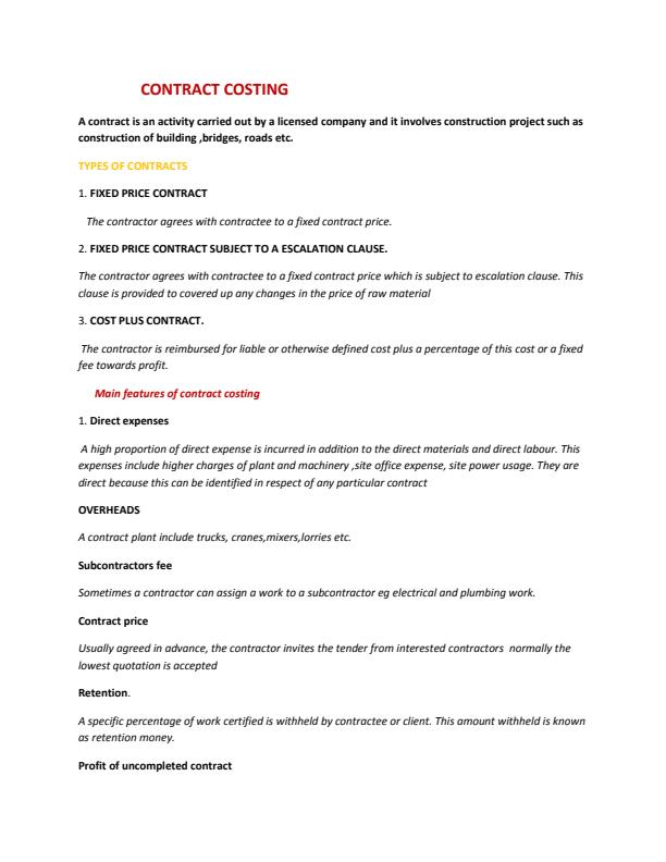 Page 1 – Contract costing notes for 2nd year  – Kenyaplex