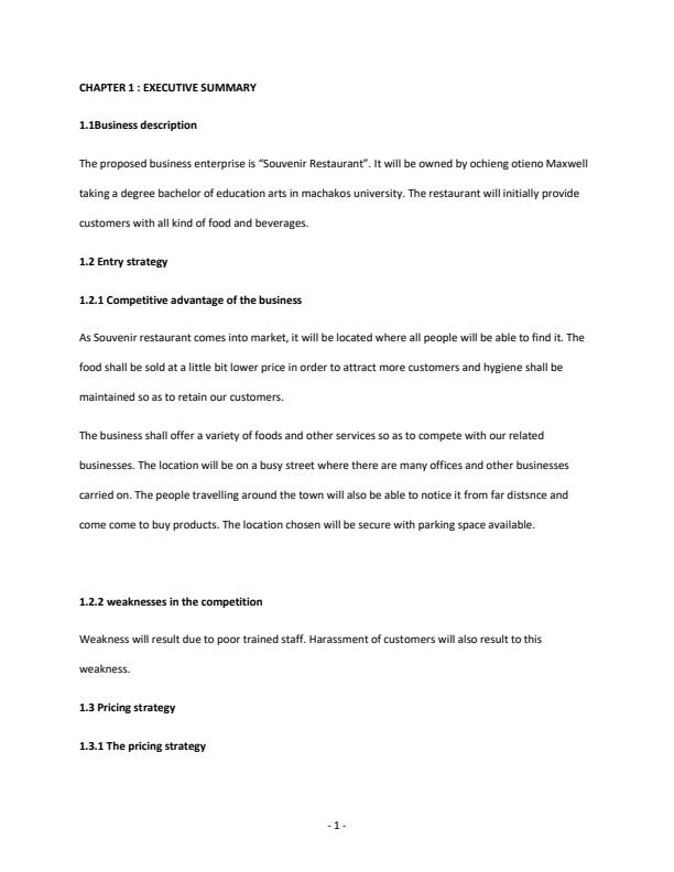Page 1 – Sample Restaurant Business Plan – Kenyaplex