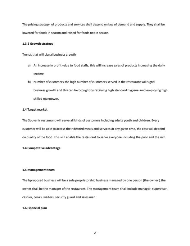 Page 2 – Sample Restaurant Business Plan – Kenyaplex