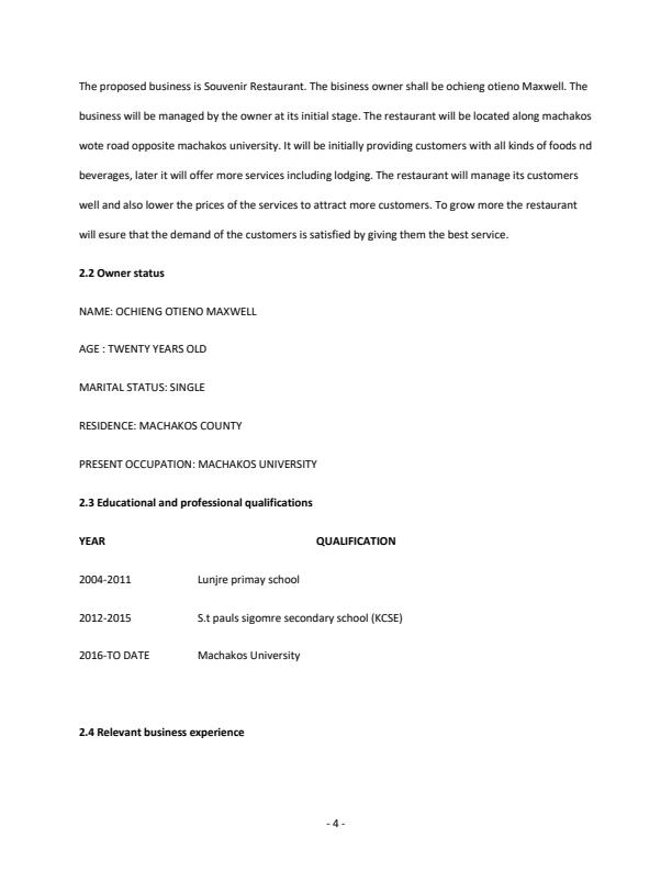 Page 4 – Sample Restaurant Business Plan – Kenyaplex