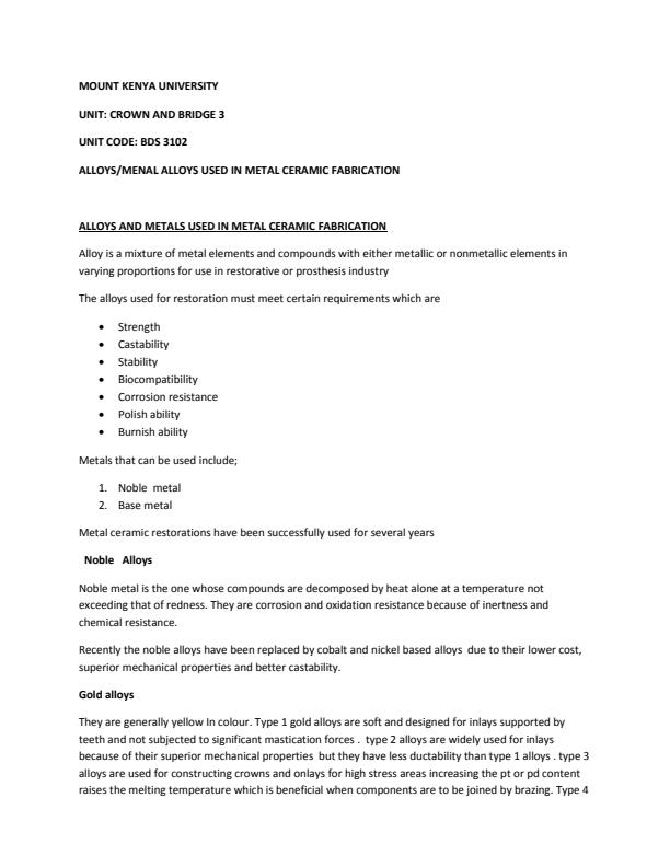 Page 1 – BDS 3102: Crown and Bridge III Notes 3rd Year – Kenyaplex