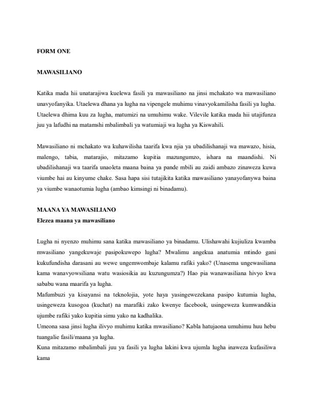 Page 1 – Form 1 Kiswahili Notes – Kenyaplex