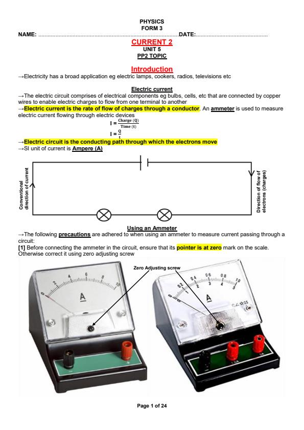 Page 1 – Physics Notes on Current 2 - Form 3 – Kenyaplex