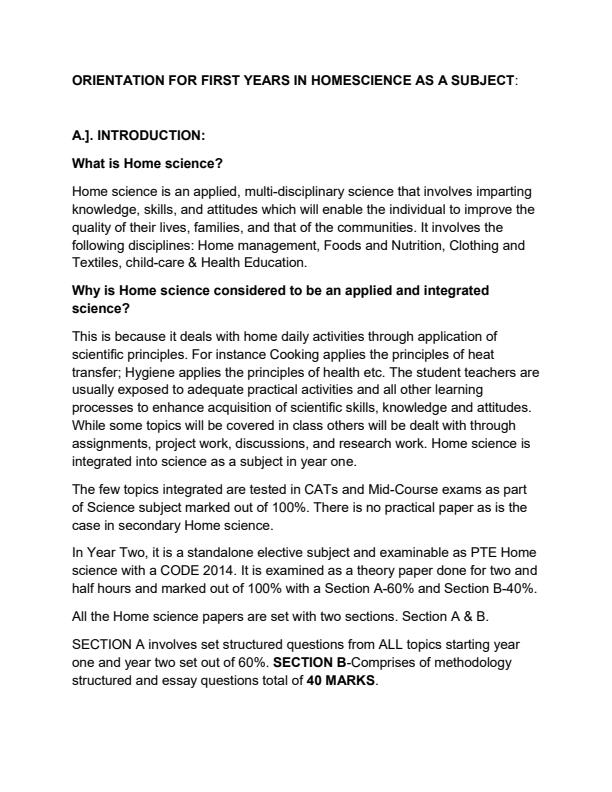 Page 1 – PTE: Orientation for first years in home science as a subject – Kenyaplex