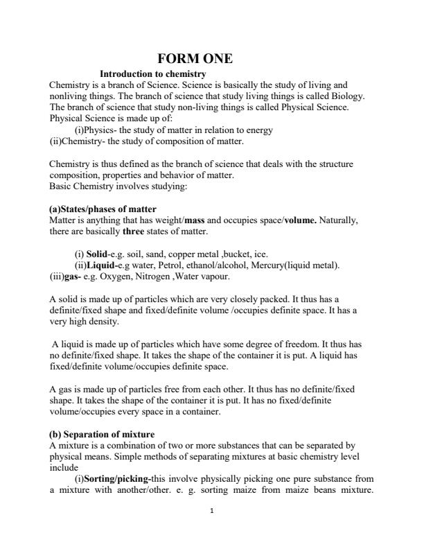 Page 1 – Form 1 Chemistry Notes – Kenyaplex