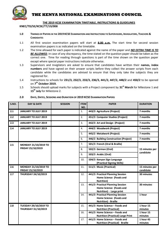 Page 1 – KCSE 2019 Examination Timetable – Kenyaplex