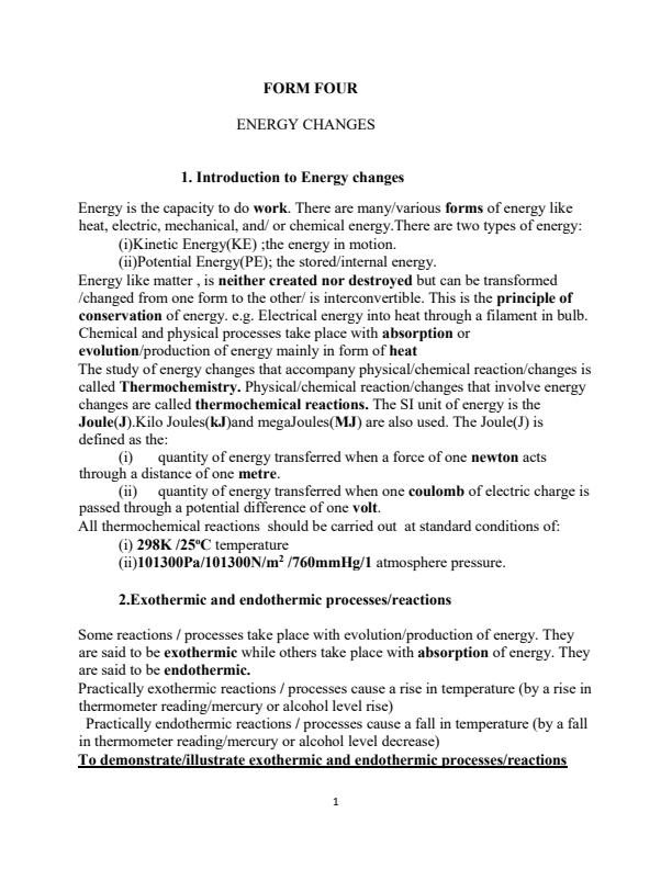 Page 1 – Form 4 Chemistry Notes on Energy Changes – Kenyaplex