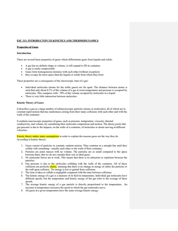 Page 1 – ESC 111: Introduction to Kinetics and Thermodynamics Notes – Kenyaplex