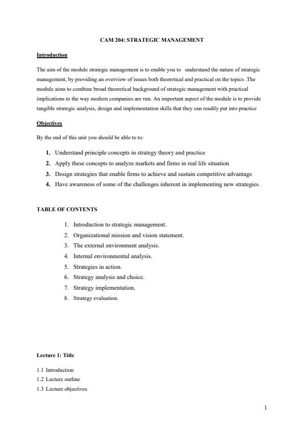 Page 1 – CAM 204: Strategic Management Notes – Kenyaplex