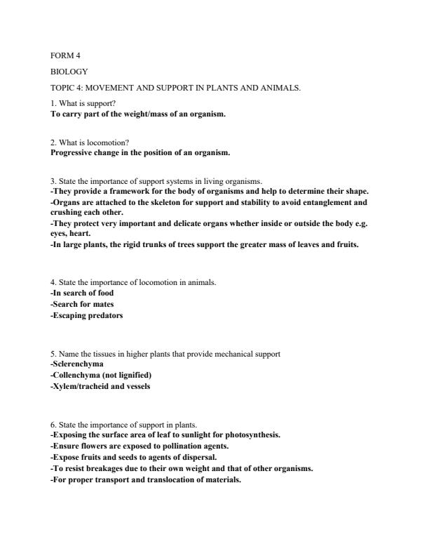 Page 1 – Form 4 Biology: Movement and Support in Plants and Animals Topical Questions and Answers – Kenyaplex