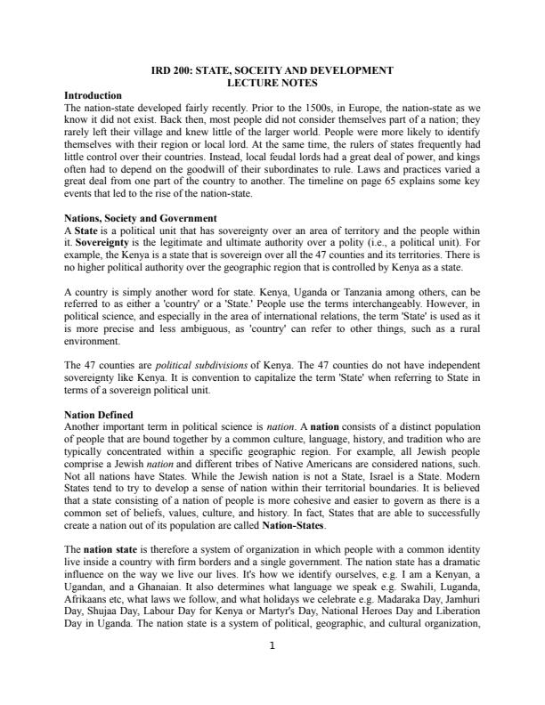 Page 1 – IRD 200: State, Society and Development Notes – Kenyaplex