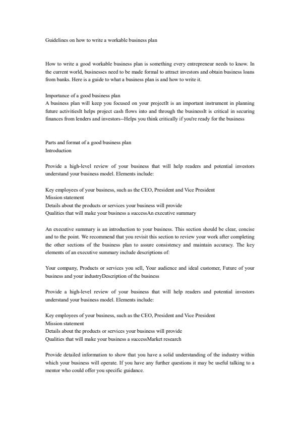 Page 1 – Guidelines on how to write a workable business plan – Kenyaplex