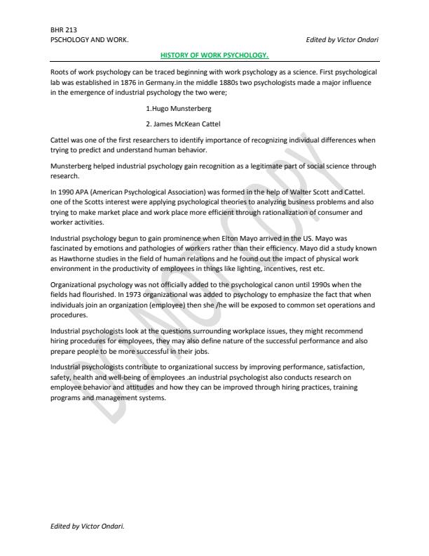 Page 1 – BHR 213: Psychology and Work - History of Work Psychology Notes – Kenyaplex