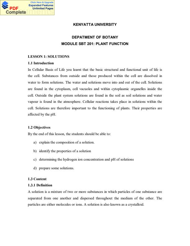 Page 1 – SBT 201: Plant Function Notes – Kenyaplex