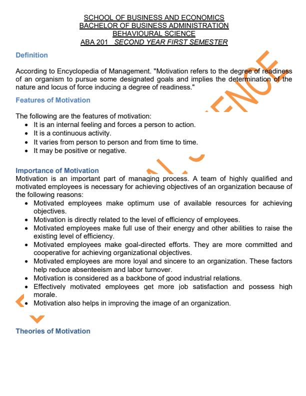 Page 1 – ABA 201: Behavioral Science Notes on Motivation Notes – Kenyaplex