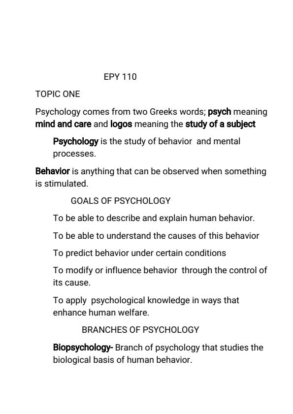 Page 1 – EPY 110: Psychology Notes – Kenyaplex