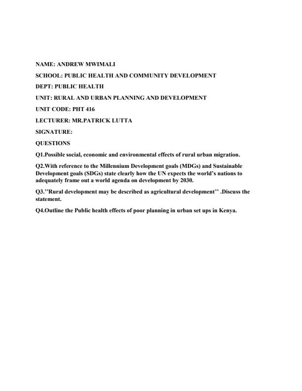 Page 1 – PHT 416 Rural and Urban Planning and Development Sample Questions and Answers – Kenyaplex