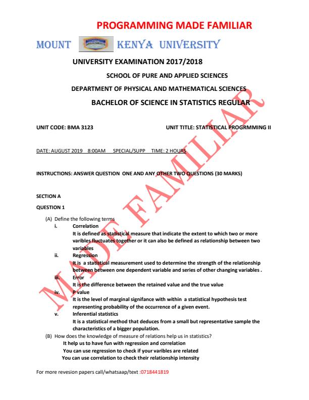 Page 1 – BMA 3123: R Programming Sample Questions and Answers – Kenyaplex