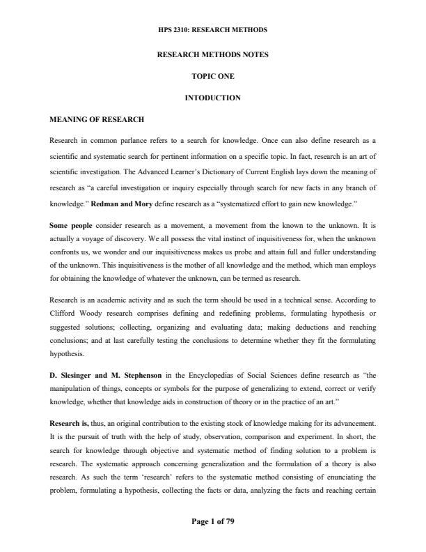 Page 1 – HPS 2310: Research Methods Notes – Kenyaplex