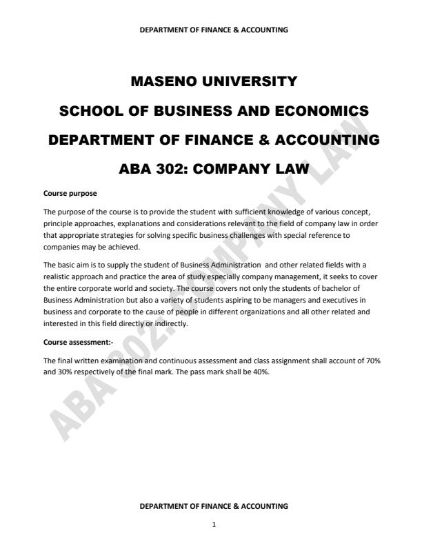 Page 1 – ABA 302: Company Law Notes – Kenyaplex