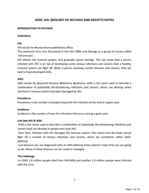 Page 1 – Biology of HIV/Aids and Society Notes – Kenyaplex