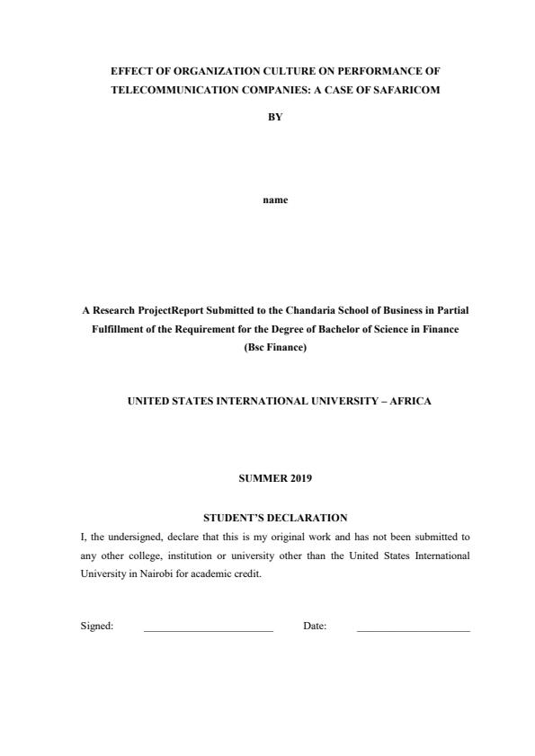 Page 1 – Effect of organization culture on performance of telecommunication companies: BSc Finance Research Project Report – Kenyaplex