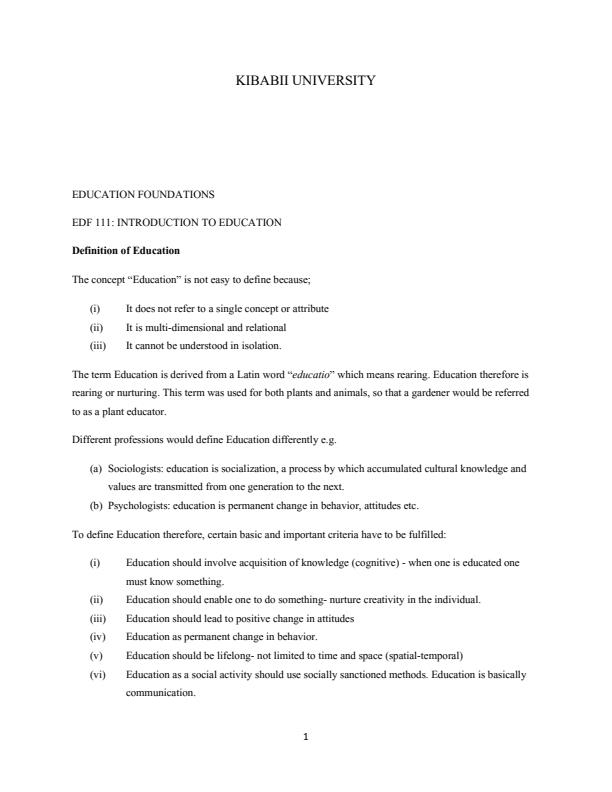 Page 1 – EDF 111: Introduction to Education Notes – Kenyaplex