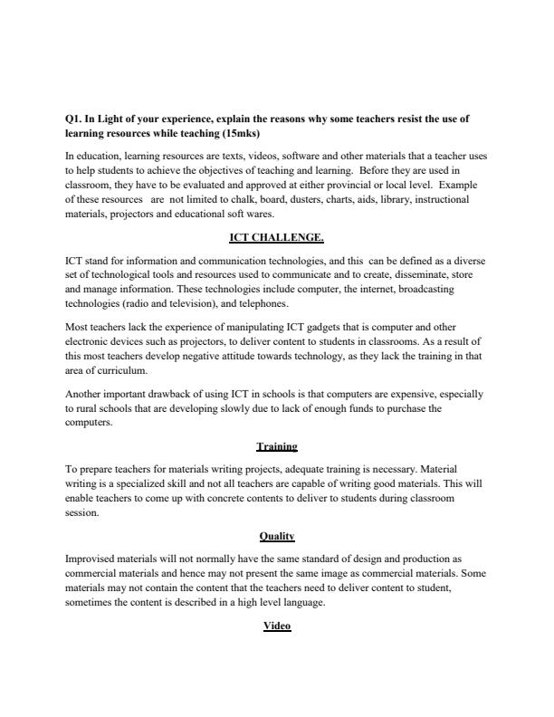 Page 1 – In Light of your experience, explain the reasons why some teachers resist the use of learning resources while teaching – Kenyaplex
