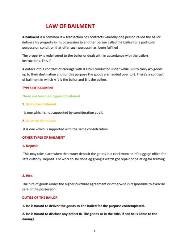 Page 1 – Commercial Law: Law of Bailment Notes – Kenyaplex